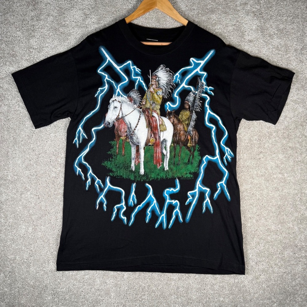 Vintage American Thunder Lightning Native American Chief Graphic T-Shirt Black